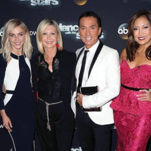 Julianne Hough, Olivia Newton-John, Bruno Tonioli, and Carrie Ann Inaba on the 'Dancing With the Stars' red carpet