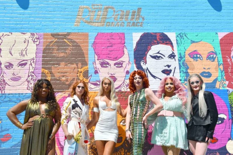 June Jambalaya, Jasmine Kennedie, Kerri Colby, Bosco, DeJa Skye and Lady Camden pose during RuPaul's Drag Race mural reveal