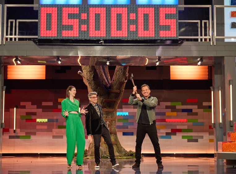 Brickmasters Amy and Jamie with LEGO Masters host Will Arnett