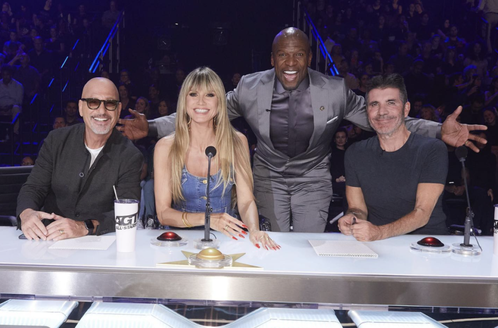Howie Mandel, Heidi Klum, Terry Crews, and Simon Cowell on the set of 'AGT: All Stars'