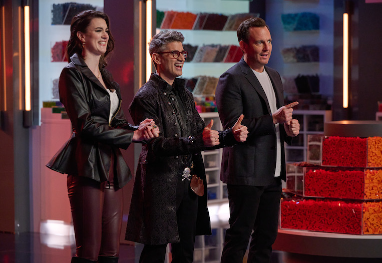 Brickmaster Amy Corbett and Jamie Berard with host Will Arnett
