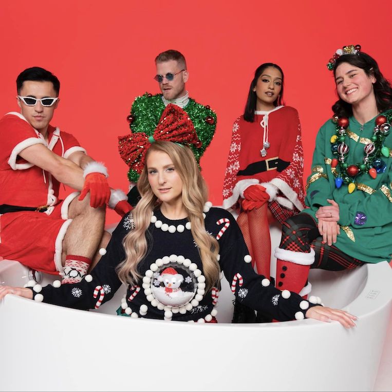 Chris Olsen, Scott Hoying, Sri Ramesh, Elyse Myers and Meghan Trainor on the set of 'Made You Look (Acapella)"