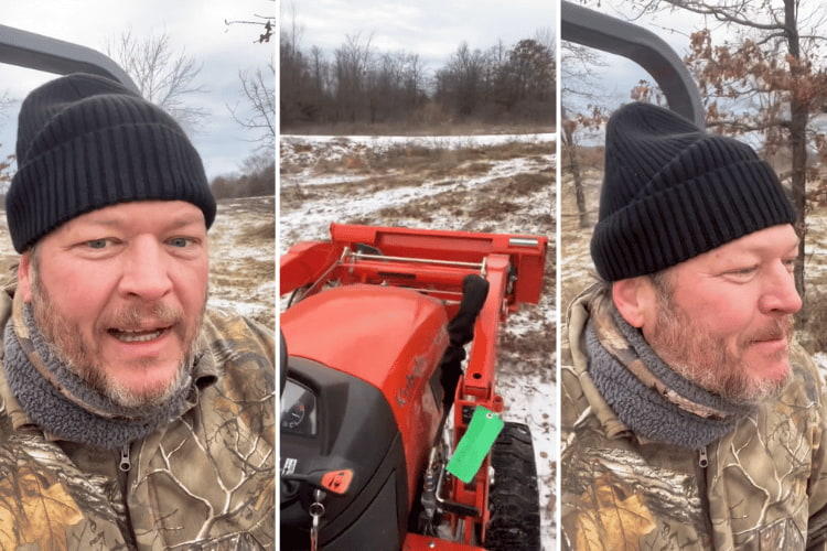 Blake Shelton mowing his snowy lawn