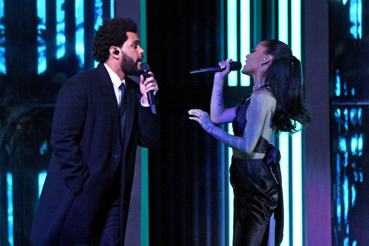 Ariana Grande and The Weeknd at the 2021 iHeartRadio Music Awards