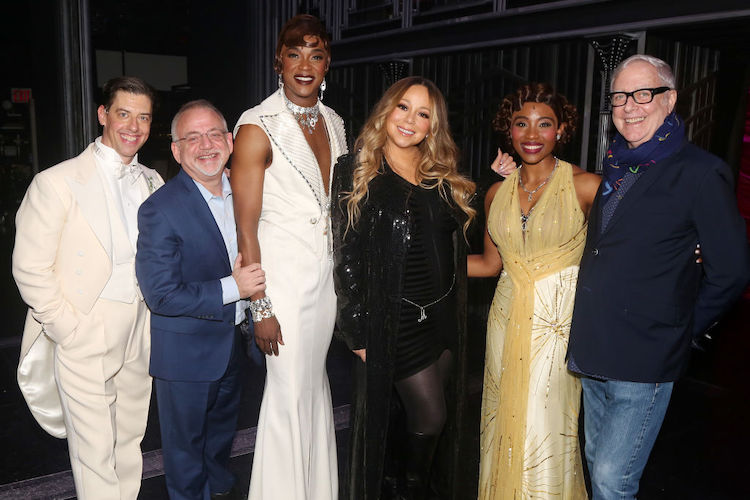 Christian Borle, Composer/Lyricist Marc Shaiman, J. Harrison Ghee, Producer Mariah Carey, Adrianna Hicks and Lyricist Scott Wittman pose backstage at "Some Like it Hot" on Broadway