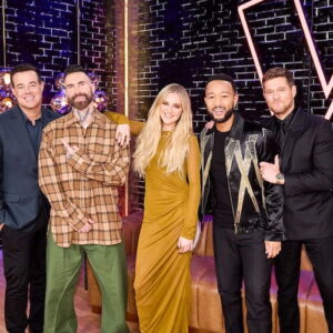 Carson Daly, Adam Levine, Kelsea Ballerini, John Legend, and Michael Buble on 'The Voice' 2025
