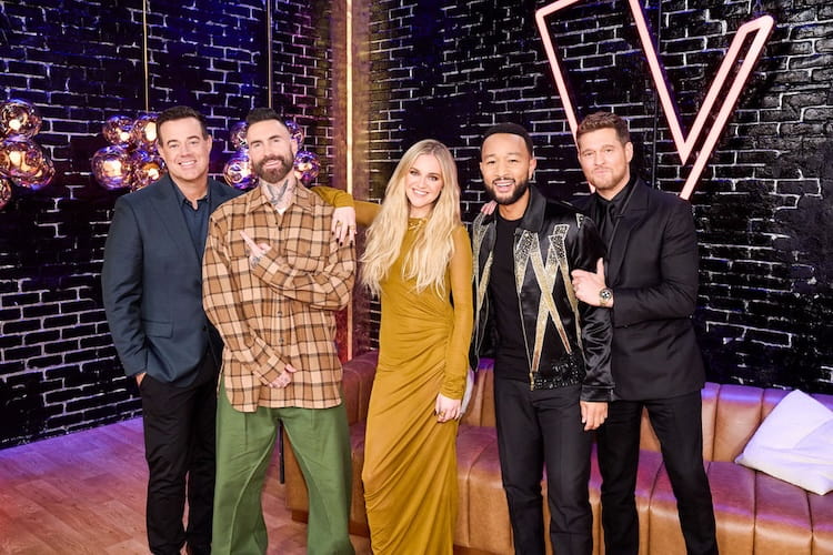 Carson Daly, Adam Levine, Kelsea Ballerini, John Legend, and Michael Buble on 'The Voice' 2025