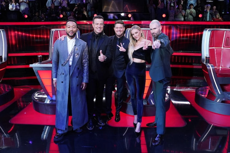 The Voice coaches John Legend, Carson Daly, Michael Bublé, Kelsea Ballerini, and Adam Levine on 'The Voice' Finale 2025